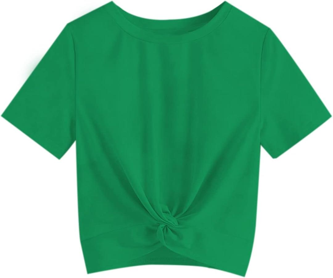 Girls Shirts Casual Summer Twist Front Tunic Blouses Cute Tee Shirt Tops Size 5-14 Years (Green)