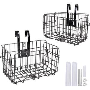 2 Pack Rear Bike Basket Folding Front Bike Basket Rust Proof Wire Mesh Bicycle Basket Mountain Bike Frame Basket Fold-Up Bike Cargo Rack