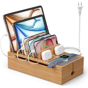 Pezin & Hulin Cell Phone Charging Station for Multi Devices, All in One Desktop Charger Organizer, with Power USB Charge Adapter and 6 Cables, Use As Power Strip Hidden Box -Natural, Bamboo Color