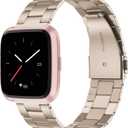 Wearlizer Stainless Steel Compatible for Fitbit Versa/Versa 2, Ultra-Thin Lightweight Replacement Bands for Women & Men (Scrub Gold)