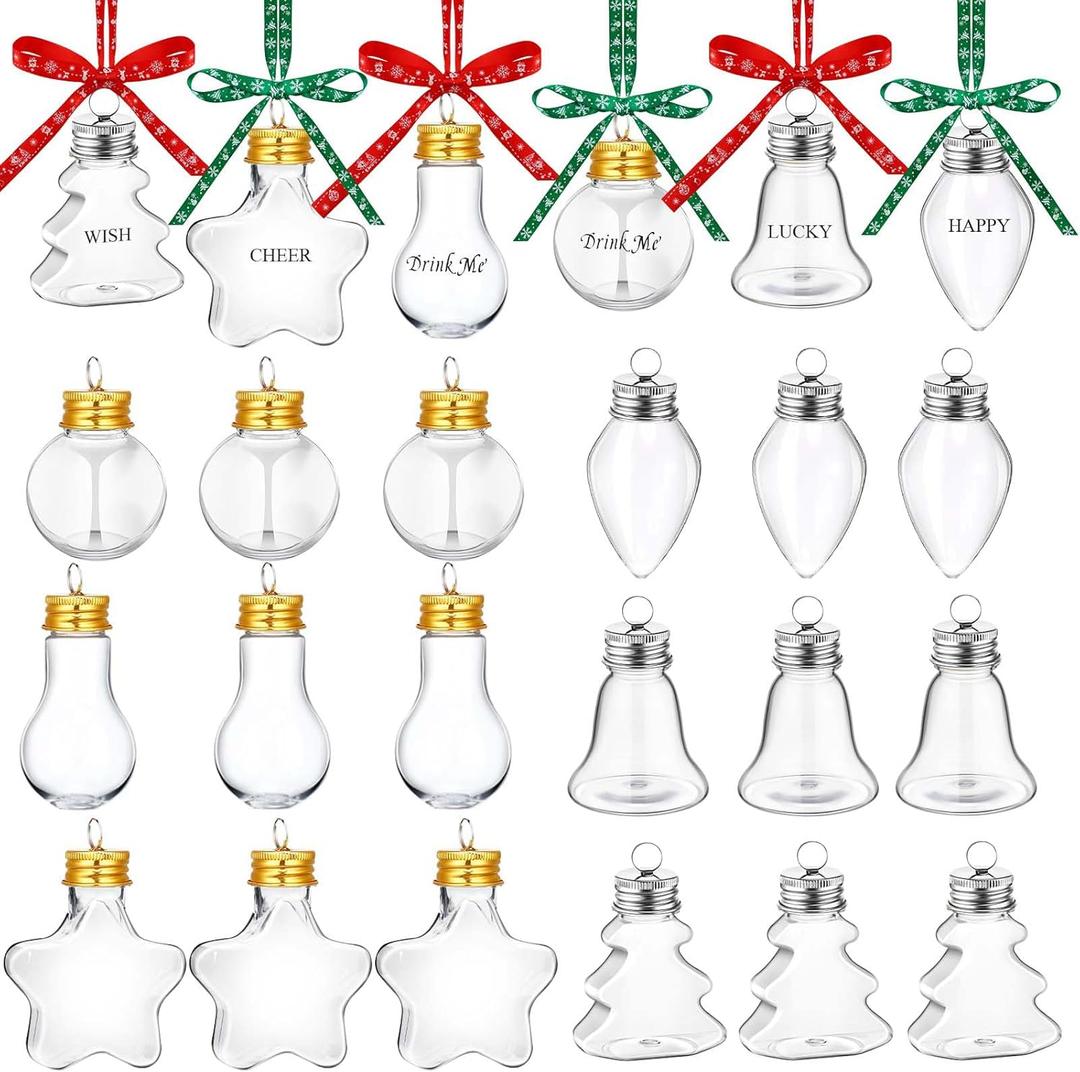 24 Pieces Christmas Booze Balls, Christmas Tree Ornaments Fillable Clear Plastic Ornaments Balls with Screw Off Cap and Ribbons for Christmas Tree Hanging Decoration