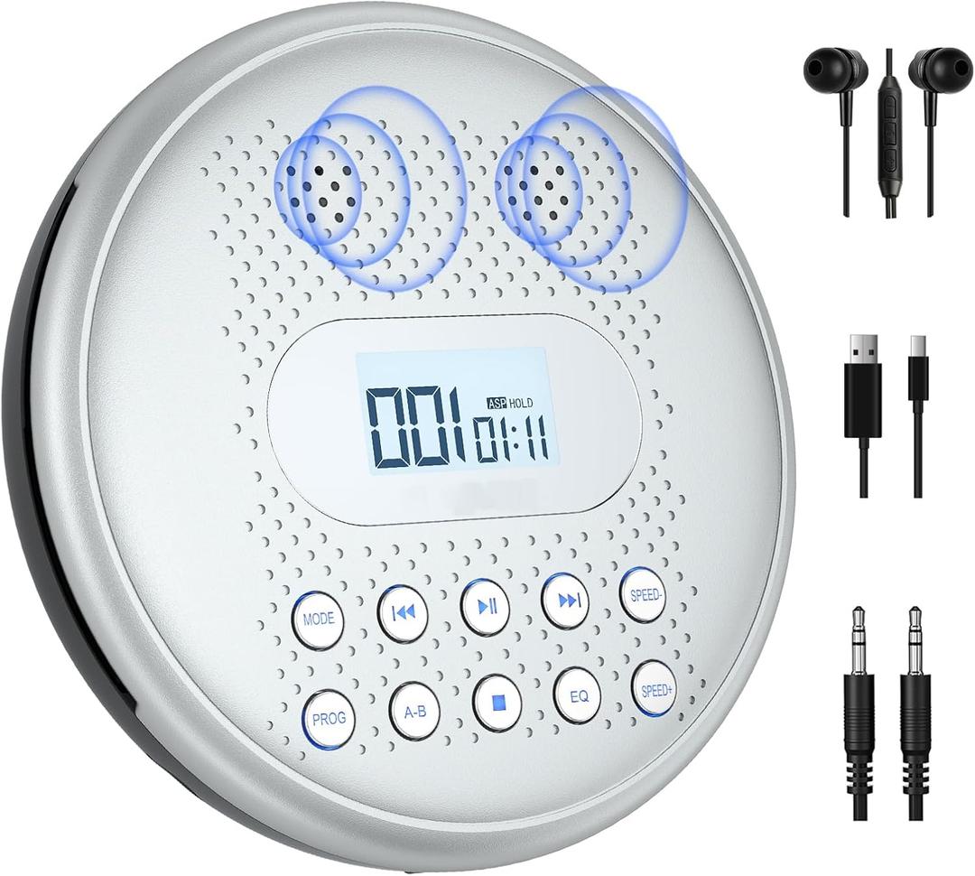 ARAFUNA CD Player Portable, Rechargeable Portable CD Players for Car with Speakers, Anti-Skip Small CD Player with Backlit Button, LCD Display and AUX Cable (Silver)
