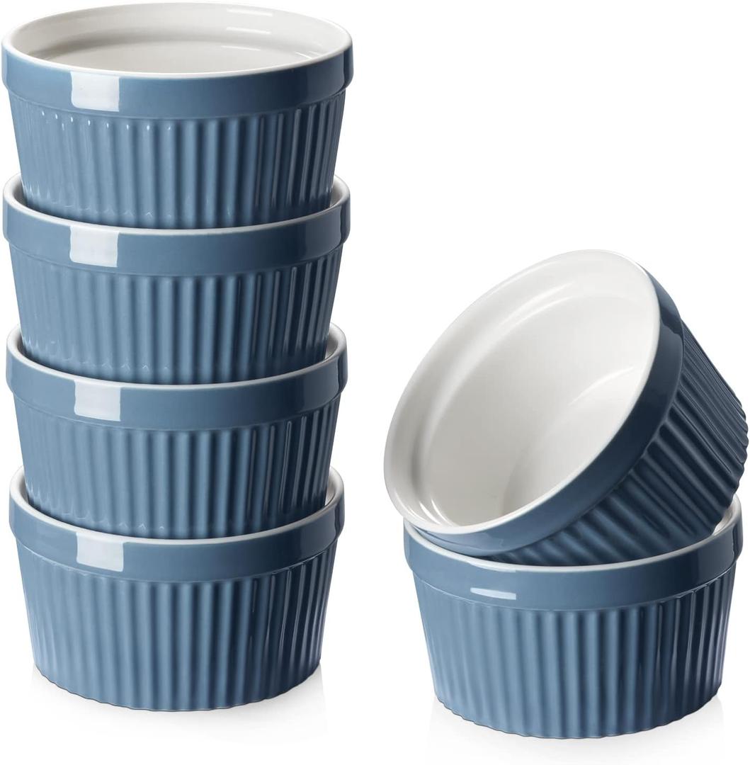 DOWAN 8 oz Porcelain Ramekins Bowls for Souffle, Creme Brulee, Classic Style Ramekins for Baking Oven Safe, Set of 5, Airy Blue