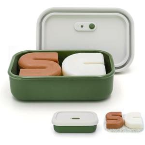 AIDIMMING Silicone Enhanced Leak Proof Travel Soap Case, Vented Shampoo Bar Holder, Large Bar Soap Box with Lid Portable Soap Dish with Draining Layer (Offwhite& Green)