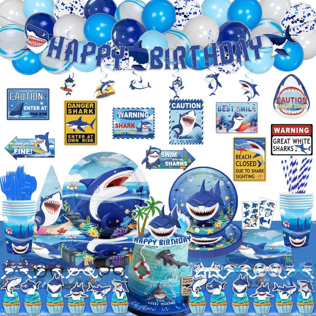 Mpanwen Shark Party Supplies, 216Pcs Shark Themed Birthday Party Decorations Decor - Banner, Paper Glasses, Balloons, Cake Toppers, Plates, Tablecloth, Hanging Swirls, Wall Signs Serves 16 Guests