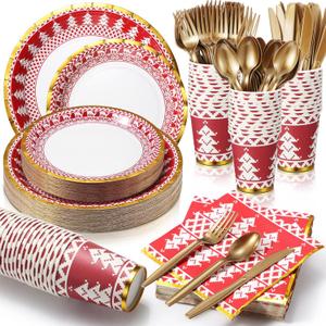 Umigy 200 Pcs Christmas Dinnerware Set Disposable Christmas Paper Plates and Napkins for 25 Guests Holiday Tableware Kits Cups Forks Knives Spoons Party Supplies (Xmas Tree)