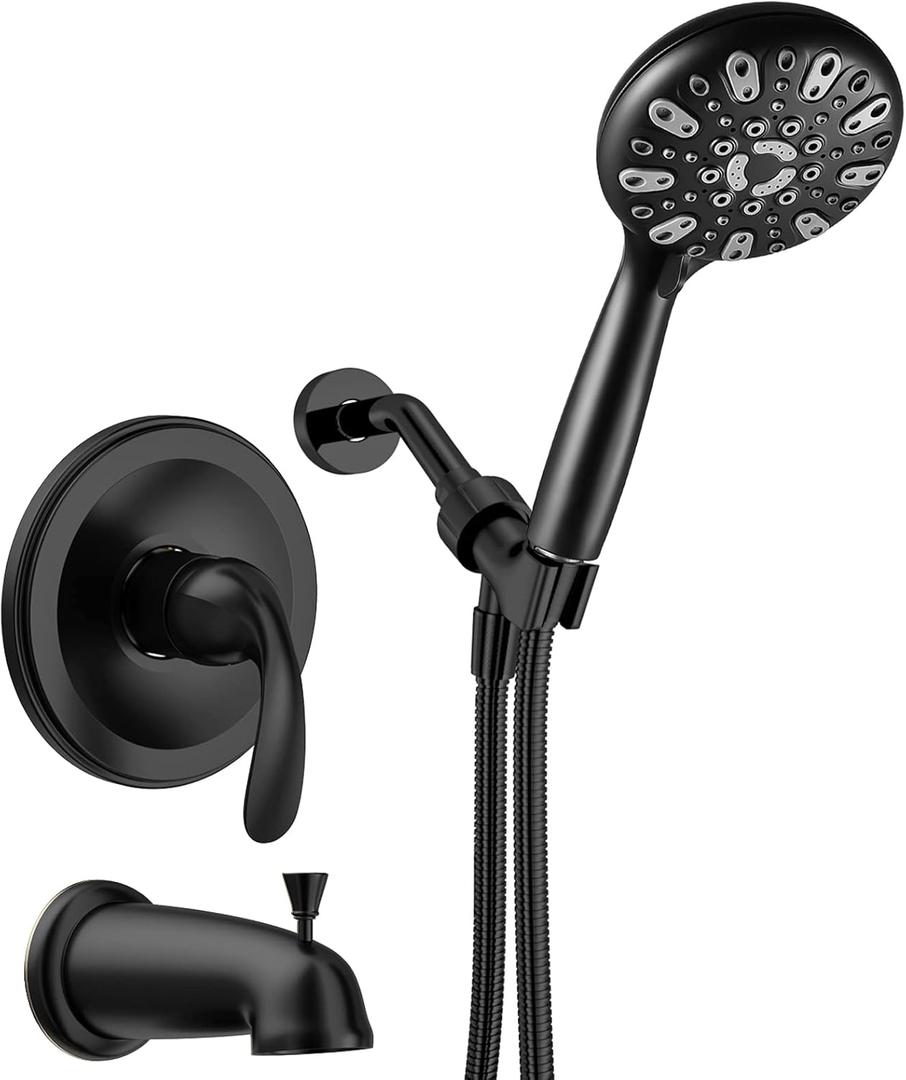 WRISIN Black Shower Faucet Set with Tub Spout (Valve Included), Black Shower Head and Handle Set, Bathtub Faucet with 4.7 Inch and 6 Setting Handheld