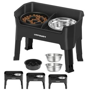 URPOWER 3-in-1 Elevated Dog Bowls - Mess Proof Double Deck 4 Height Adjustable Raised Stand with 2 Stainless Steel Food Bowls & Licking Plate for Small, Medium Dogs