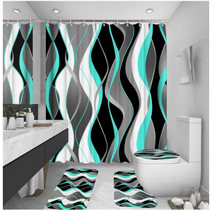 4Pcs Turquoise Shower Curtain Sets with Non-Slip Rugs, Toilet Lid Cover and Bath Mat, Black and Gray Bathroom Decor Set Accessories Fabric Waterproof Shower Curtains with 12 Hooks, 72 x 72 Inch