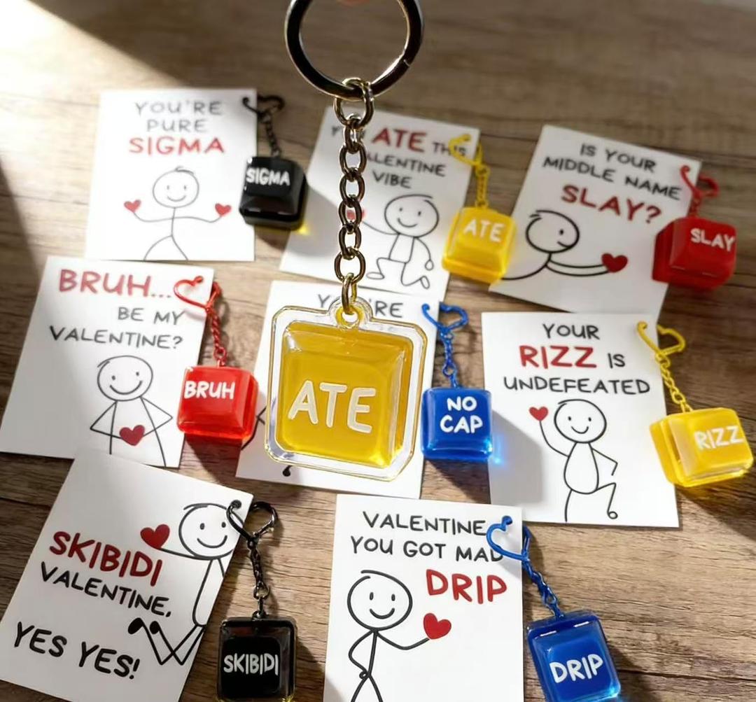 Valentine's Day School Cards for Kids - 24 Slang Cards with 8 Keyboard Keychains - Perfect for Valentine's Day Class Exchange Gifts for Boys, Girls, and Teenagers