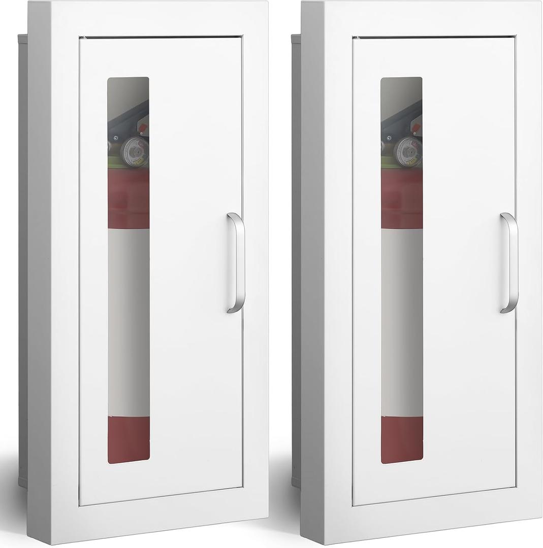 Zonon 2 Pcs Semi Recessed Fire Extinguisher Cabinet Industrial Architectural Wall Cabinet, Door with Handle Version for 10 Pound Dry Chemical Fire Extinguisher White