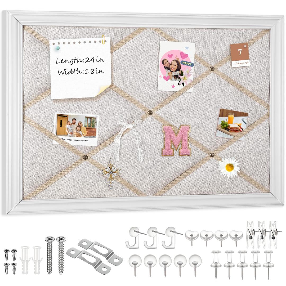 Pinkunn 18" x 24" Linen Fabric Bulletin Board with Ribbon Wall Decor, White