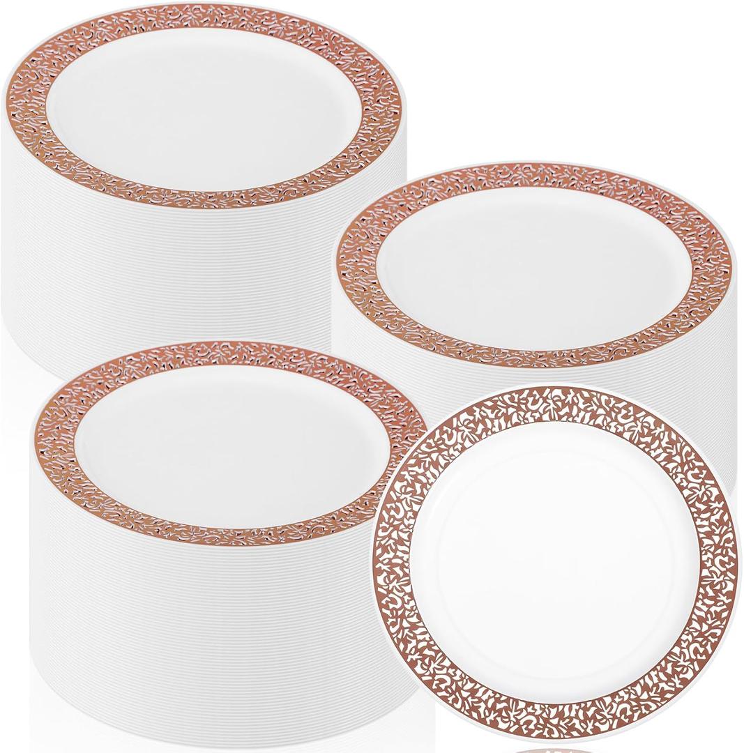 Skylety 100 Pcs Rose Gold Plastic Dessert Plates 6 Inch, Lace Design Disposable Dessert Salad Plates Small Appetizer Cake Plate for Party Birthday Wedding Baby Shower Anniversary Supplies, about 6 inch
