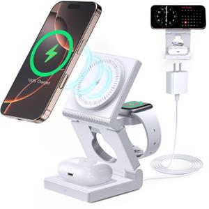 3 in 1 Wireless Charging Station for Apple Multple Devices - Foldable Magnetic Wireless Charger Dock -Travel 18W Charging Pad for iPhone 16 15 14 13 12 Pro/Pro Max/Plus/Watch & Airpods All Series (White)