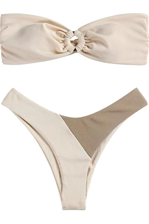 GORGLITTER Women's Strapless Bandeau Swimsuits High Waisted Thong 3D Flower Bikini Set Bathing Suit
,Size S, Beige