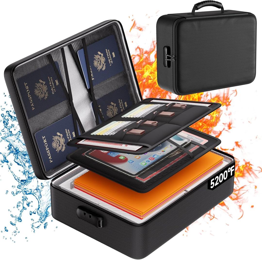 DocSafe 5200F Document Organizer with Lock,Upgraded Heat Insulated FireproofWaterproof Box 8 Layers File Organizer,Portable Home Travel Safe Storage for Important Documents, Files and More (5200F, 15"x11"x4.1", Black)