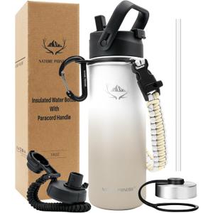 NATURE PIONEOR Insulated Water Bottles with Paracord Handle - 24 oz Vacuum Sports Wide Mouth Water Bottle with 3 Lids, Leak Proof Stainless Steel Keeps Hot and Cold White