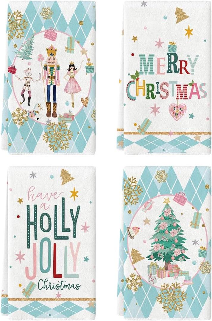 Artoid Mode Blue Nutcrackers Tree Christmas Kitchen Towels Dish Towels, 18x26 Inch Snowflake Gift Box Winter Decoration Hand Towels, Set of 4