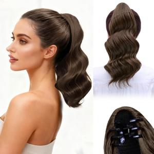 Claw Clip Ponytail Extension,14 Inch Medium Brown Curly Wavy Ponytail Claw Clip in Hair Extension for Women Fluffy Natural Looking Synthetic Hairpiece for Daily Use(14 Inch,Medium Brown)
