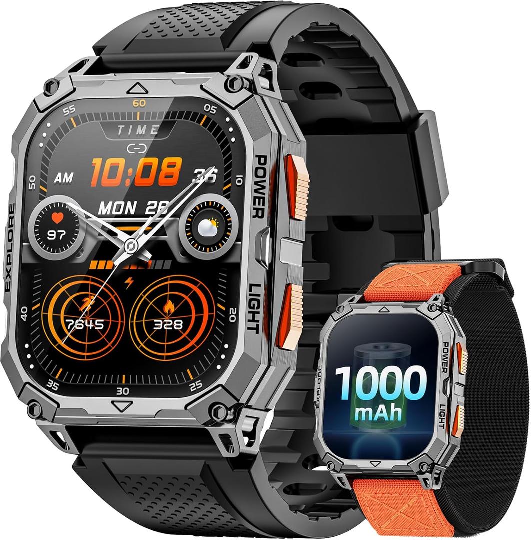 Military Smart Watches for Men (2 Straps), 2.01" HD Smartwatch with 1000 mAh Battery, Answer/Make Call, Led Flashlight, Heart Rate/Sleep Monitor, 100+ Sport Modes Fitness Tracker for Android/iPhone (Black)