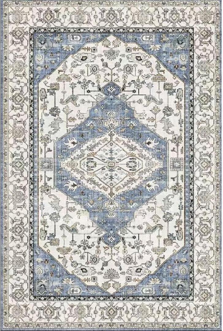 Washable 2x6 Area Rugs Non Slip 2x6 Rug Floor Carpet Distressed Printed Area Rug Soft Area Rug for Living Room Bedroom Dinning Room Kitchen Indoor (Light Blue, 2x6)