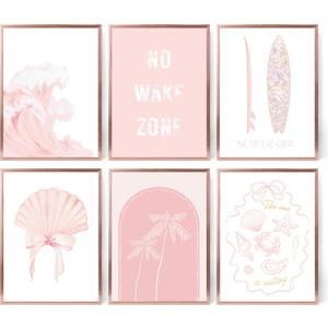6Pcs Pink Beach Canvas Wall Art Surfer Girl Coastal Posters Prints No Wake Zone Quote Boho Seashell Palm Tree Pictures Wall Decor for Bathroom Nursery Girls Room Decoration 12''x16'' Unframed
