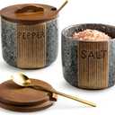 Salt and Pepper Bowl Ceramic, 10 Oz Salt Containers for Countertop Salt Cellar with Wooden Lid and Spoons, Salt and Pepper Set Marble Design, Gray