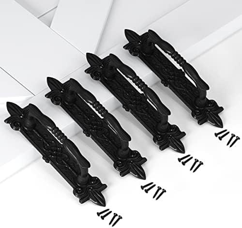 SMARTSTANDARD Heavy Duty 9" Antique Barn Door Handle Set of 4, Large Rustic Carved Door Pull, for Gates Garages Sheds, Black Powder Coated Finish