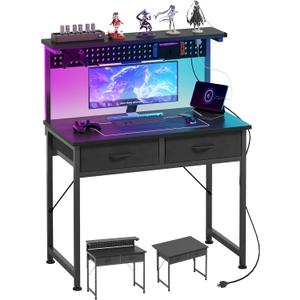 MUTUN Small Desk with Drawers, 31 Inch Computer Desk with Power Outlet & LED Light, Gaming Desk with Adjustable Monitor Stand & Pegboard, Modern PC Study Writing Table for Bedroom, Black