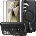 Samsung Galaxy S25 Case with Stand, Anti-Slip Shockproof Ring, Compatible with MagSafe, Magnetic Protective Holster with Camera Lens and Screen Protector (Black, S25)