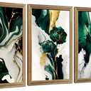 VisionaryBrush Framed Emerald Green Wall Art, Abstract Marbled Canvas Wall Decor, Modern Abstract Green and Gold Poster Print for Living Room Bedroom Office Aesthetic Picture 16x24 Inch 3 Pieces