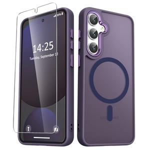 YENAPOON for Samsung Galaxy S25 Case, Matte Magnetic Phone Case with 1 Screen Protector, Support for Magsafe, Translucent Frosted Shockproof Protective Cover for Samsung Galaxy S25, Purple