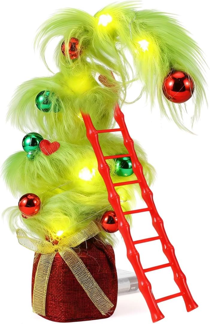Seenelling 1ft Tabletop Bendable Mini Christmas Tree with LED Light Small Whimsical Lime Green Xmas Tree with Top Ball Table Centerpiece Decoration with Ball Mini Ladder for Party Home