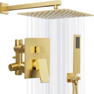Kurpot Gold Shower System, 10'' Square Rainfall Shower Head with Handheld Combo Spray, Bathroom Brushed Gold Shower Faucet Set with Valve, 59'' Shower Hose, Shower Trim Kit and Diverter, Wall Mounted