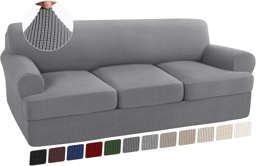 Turquoize 4 Piece T Cushion Sofa Slipcovers Stretch Couch Cover Furniture Covers with 3 Individual T Cushion Covers, Machine Washable (3 Cushion Sofa, Dove)