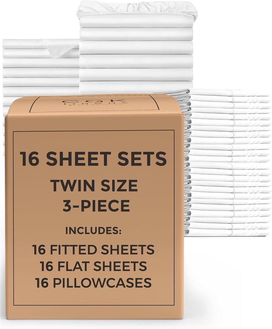 Bulk Case Pack of 16 Sheet Sets - (16) Complete Sheet Sets - Bulk Twin Bedding - Wholesale Case Pack for Hotels, Spa & Airbnbs - Deep Pocket, Fade & Wrinkle Free - Cooling & Breathable - Twin, White