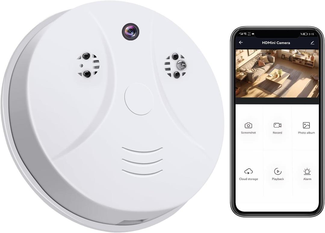 1080P WiFi Dome Camera with Smoke Detector, Indoor Security Hidden Camera with Motion Detection, Night Vision, Loop Working for Home Office Kid Pet - No Audio