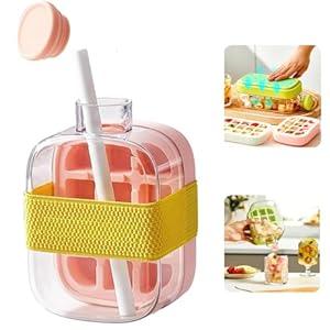 Ice Cube Bottle with Straw, Ice Bottle Cup, Ice Trays for Freezer, Silicone Ice Cube Trays for Freezer with Lid and bin, Zero Touch Press Ice Cube Molds for Cocktail, Whiskey, Coffee (Pink, 500ml)
