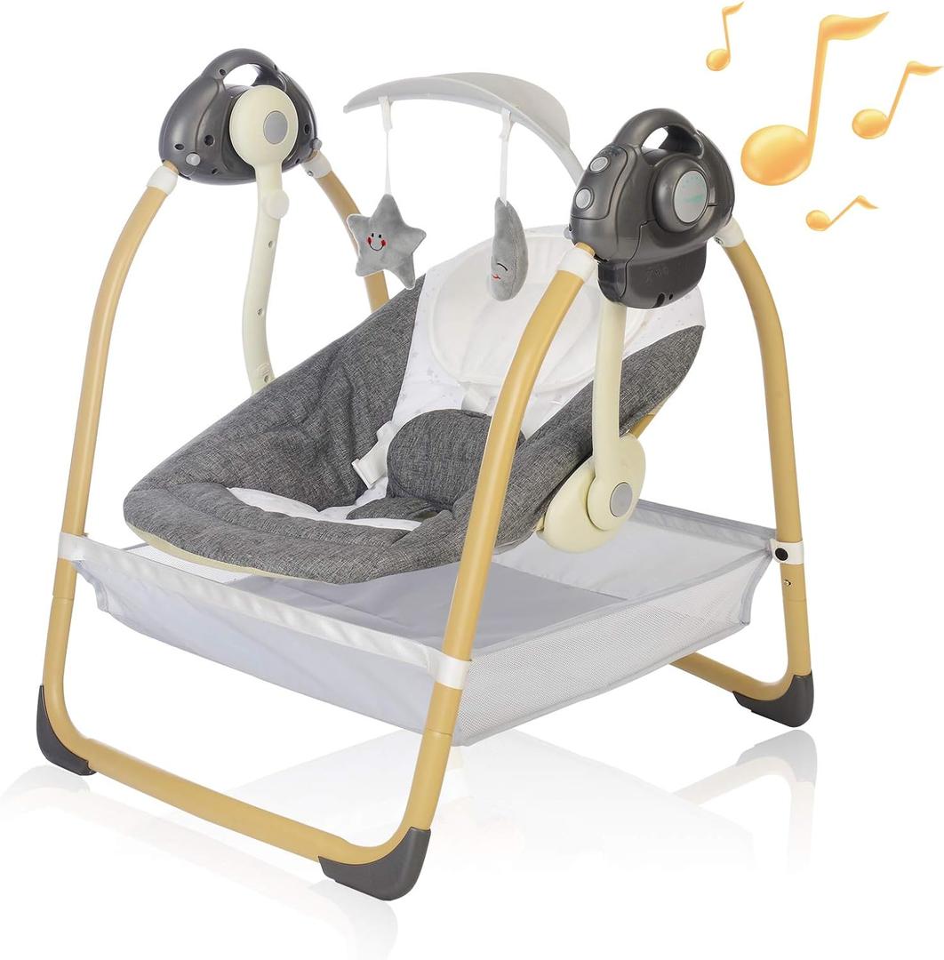 Electric Baby Swing for Infants to Toddler| Portable Infant Swing with Remote Control, Rocker with 5 Speeds, 3-Point Harness for Baby Boy Girl (Light Grey)
