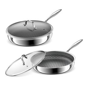 Hybrid Non Stick Frying Pans 2 Piece set, Stainless Steel Frying Pans with Tempered Glass Lid, 8" 10" 5 Ply Induction Cookware, Dishwasher-Friendly, Oven-Safe Up to 800°F, Compatible with All Cooktops