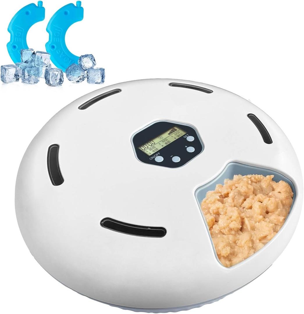 Automatic Cat Feeder Wet&Dry Food, 6 Meal Timed Pet Dispenser Easily Programmable &Easy to Clean,with 2 Ice Packs Auto Feeder for Cats/Small Dogs (snow white)