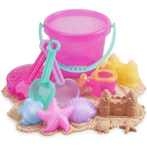 LotFancy 10PCS Sand Toys for Toddlers 1-3 3-5, Pink Beach Toys Set for Girls 18M+, Translucent Sand Castle Molds, Bucket, Sifter, Shovels & Watering Can, Durable Sandbox Toys for Kids
