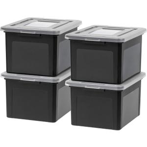 IRIS USA File Box, Plastic File Organizer with Lids for Letter/Legal File, Portable Document Box For Moving, Storage Bin with Durable and Secure Lid, Stackable Nestable BPA-Free, Black 35 Qt. 4 Pack