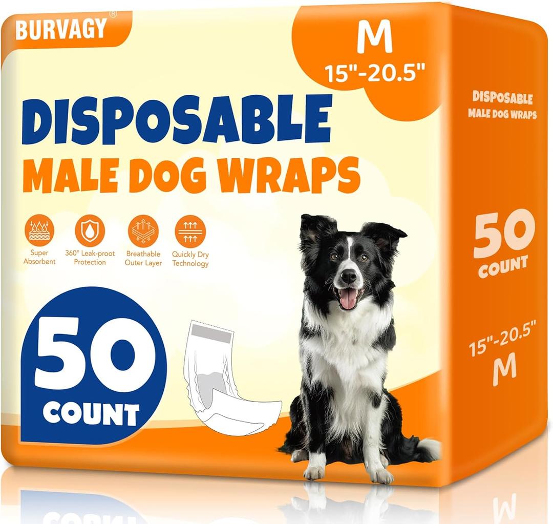 BURVAGY 50 Count Disposable Male Dog Wraps, Male Dog Diapers, Super Absorbent Pee Wraps, Belly Bands for Dogs, Leak Proof, Wetness Indicator, Puppy and Doggie Diaper for Peeing, Medium