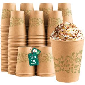 12oz 100 Count Compostable Paper Cups, BPI Certified Plant-Based Biodegradable Disposable Coffee Cups with PLA Lining, Perfect for Hot & Cold Drinks, Coffee, Party, Office & Daily Use