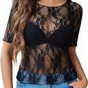 Avidlove Mesh Top for Women Short Sleeve Crew Neck Fitted Top Solid & Floral Lace Tee Shirts (Large, Black)