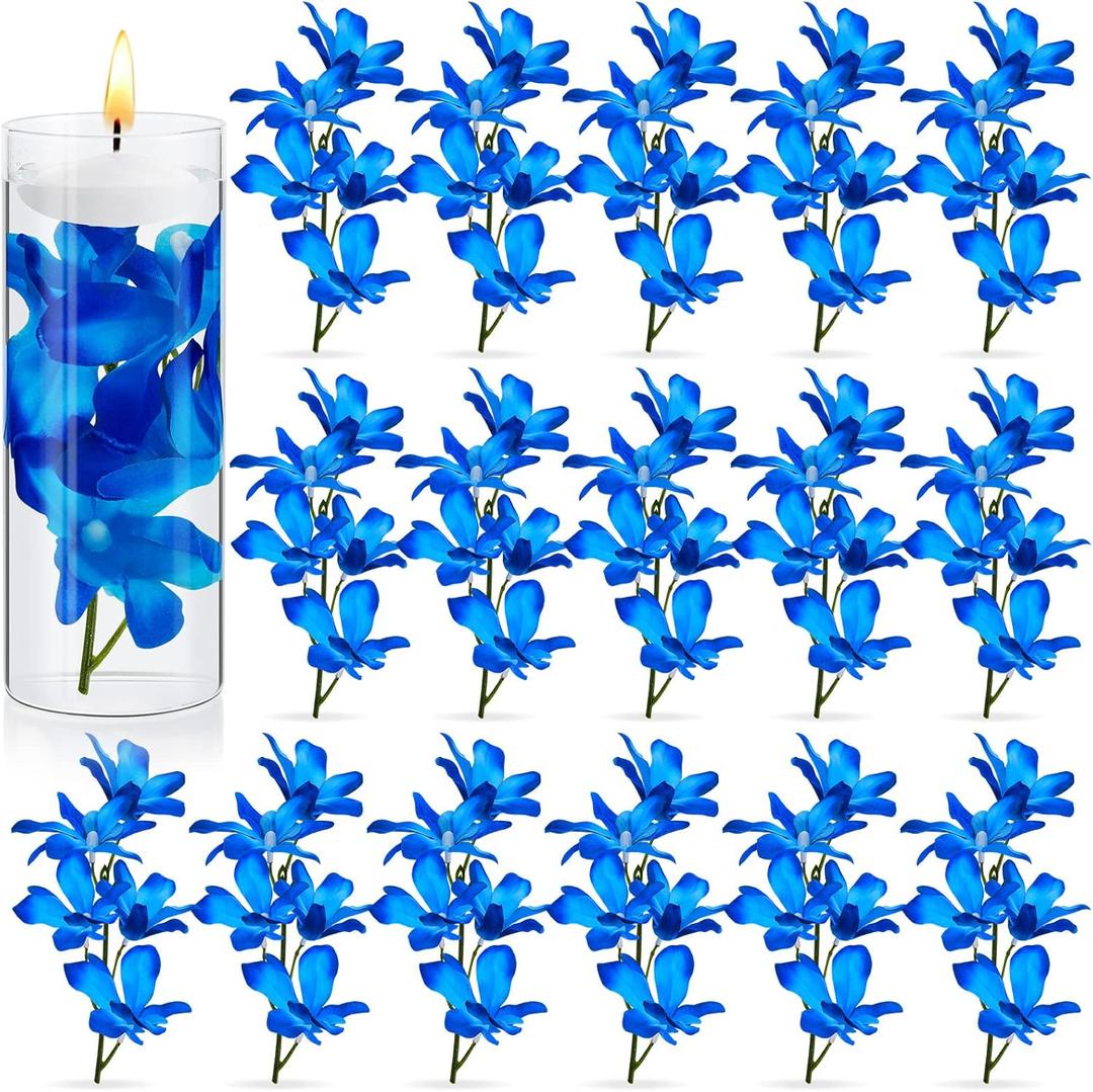 Canlierr 24 Pieces Orchid Faux Flowers Floating Candles Centerpiece Wedding Table Centerpieces Vase Fillers Filling for Wedding Birthday Party Table Decorations (Sky Blue)