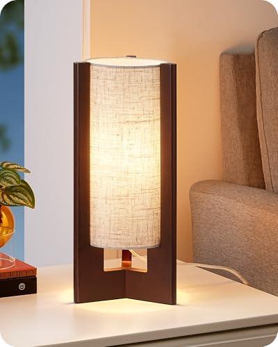 EDISHINE Wood Table Lamp, 13.5" Small Bedside Lamp, Beige Linen Shade, Rose Wood Cylinder Nightstand Lamp for Bedroom Living Room, On-Off Line Switch, E26 Base (Bulb Not Included)