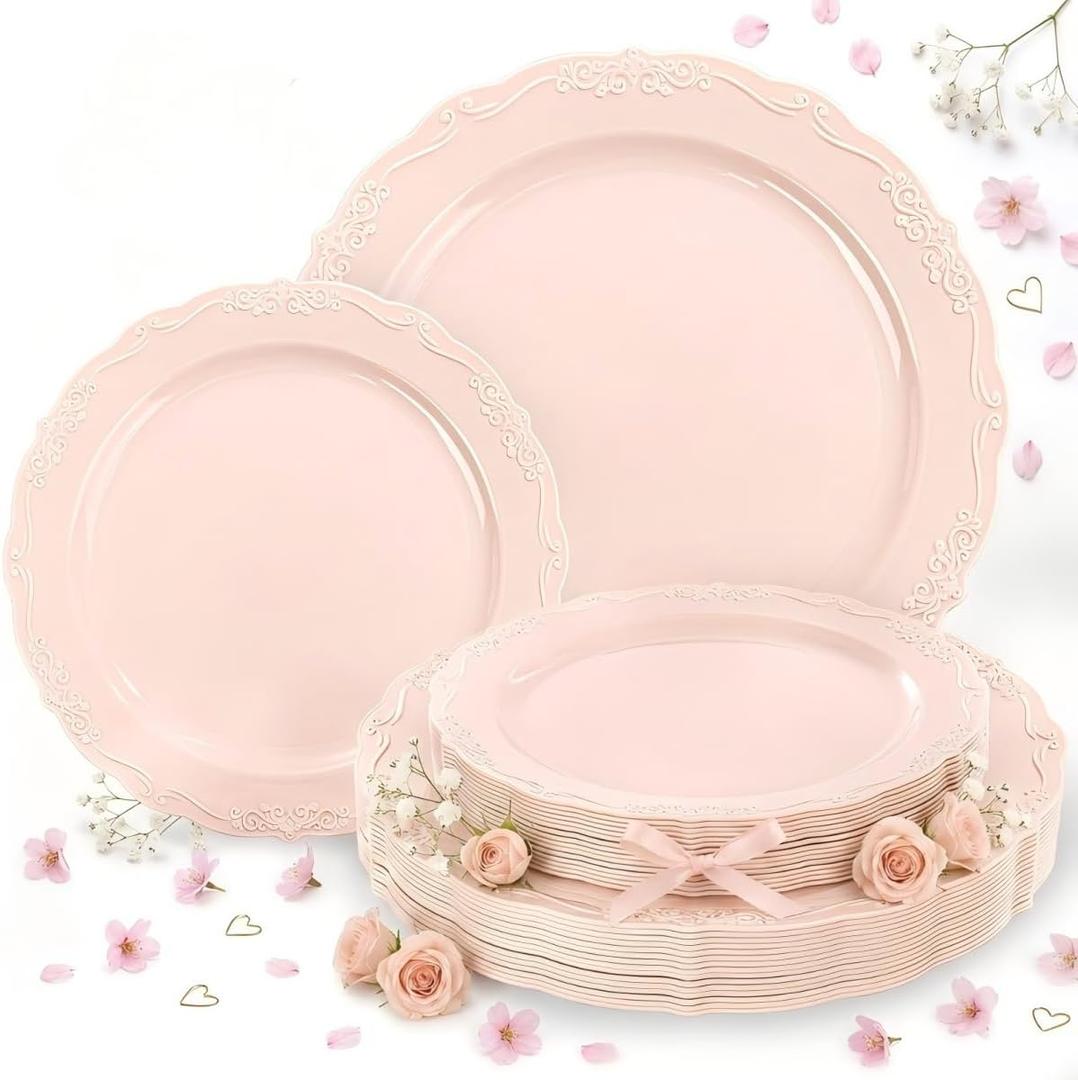 Tinybee 60PCS Pink Plastic Plates - Heavy Duty Pink Disposable Plates, Elegant Plastic Plates for Mothers Day, Bridal Shower and Party Including 30 Dinner Plates 10 '' & 30 Dessert Plates 7.5 ''