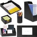 6 Piece Office Supplies/Desk Organizer Set with Desktop Leather Writing Pad,File Paper Tray,Magazine folder Holder, Pen Cup,Sticky Note Holder,Letter Mail Sorter,Workspace Decor for Women Men Black